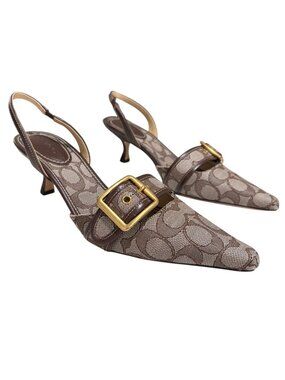 Coach Brown Signature Canvas Slingback Kitten Heels With Gold Buckle - Size 8